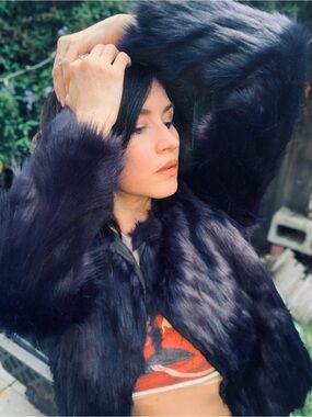 Romeo & Juliet Couture Plush Faux Fur Jacket in Deep Navy Violet